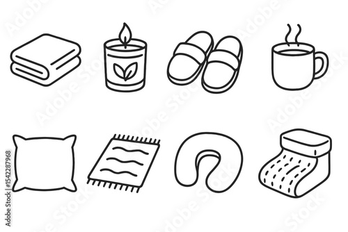 Comfort Items Icons. Line style icons of everyday comfort items: blanket, scented candle, warm slippers, mug. throw pillow, soft