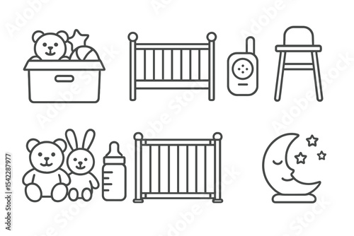 Children's Items Icons. Line style icons of children’s items at home: toy box, crib, baby monitor, high chair. soft toys, baby