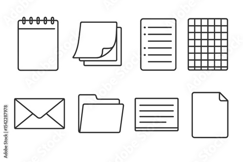 Paper Supplies Icons. Line style icons of paper supplies: notepad, sticky notes, lined paper, graph paper. envelope, folder, index