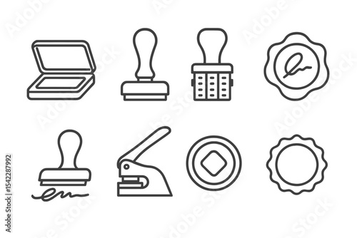Stamp and Seal Icons. Line style icons of stamps and seals: ink pad, rubber stamp, date stamp, wax seal. signature stamp,