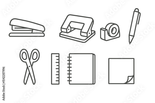 Office Supplies Icons. Line style icons of office supplies set: stapler, puncher, tape dispenser, pen. scissors, ruler, notebook,