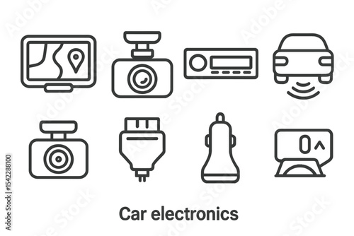 Car Electronics Icons. Line style icons of car electronics: GPS device, dashcam, car stereo, parking sensor. backup camera, OBD