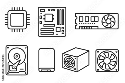 Computer Parts Icons. Line style icons of computing parts: CPU, motherboard, RAM module, GPU. hard drive, SSD, power supply,