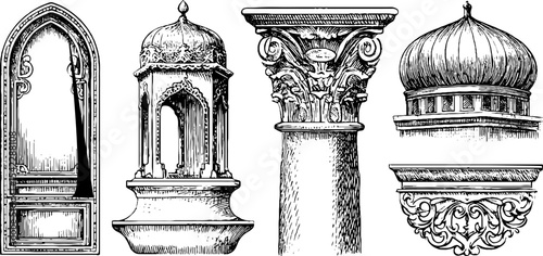 Architectural elements: renaissance dome and islamic muqarna niche illustrations for design