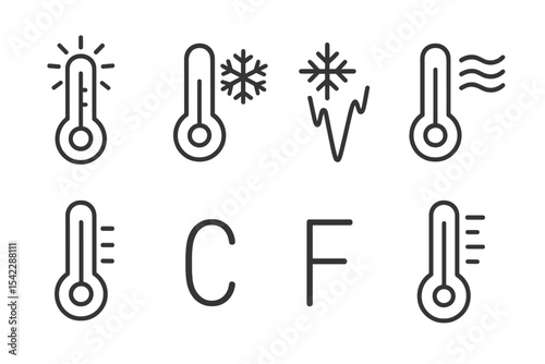 Temperature Icons. Line style icons of temperature symbols: thermometer hot, thermometer cold, freezing icon, heat index.
