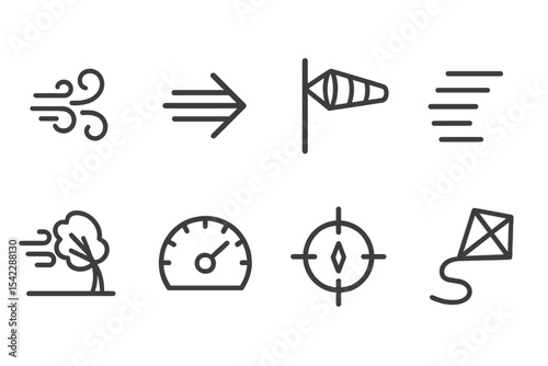 Wind Indicators Icons. Line style icons of wind indicators: wind gust, air flow arrow, wind sock, wind scale. blowing tree, speed