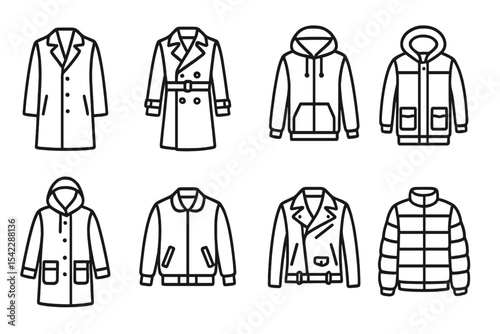 Outerwear Line Icons. Line style icons of outerwear: coat, trench coat, windbreaker, parka. raincoat, bomber jacket, leather