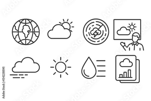 Weather Broadcast Icons. Line style icons of weather broadcast: weather map, forecast icon, storm radar, presenter with chart.