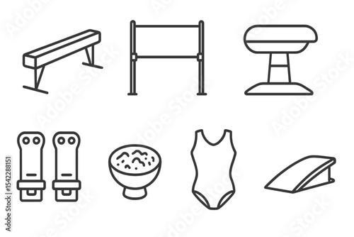 Gymnastics Equipment Icons. Line style icons of gymnastics equipment: balance beam, uneven bars, vault table, floor mat. grips,