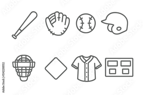 Baseball Gear Icons. Line style icons of baseball gear: baseball bat, baseball glove, ball, helmet. catcher’s mask, base, jersey,