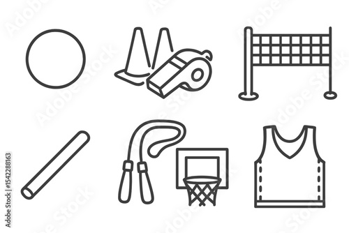 School Sports Icons. Line style icons of school sports gear: dodgeball, cones, whistle, net post. relay baton, skipping rope,