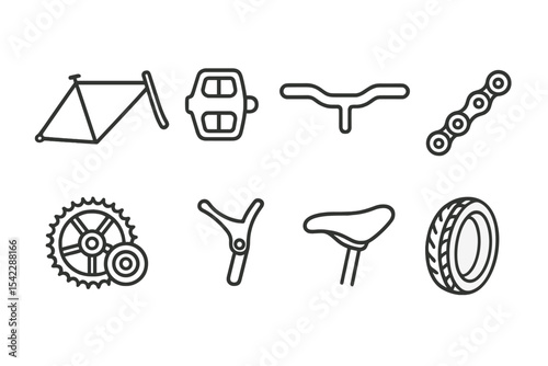 Bike Parts Icons. Line style icons of bike parts: frame, pedals, handlebar, bike chain. gears, brake lever, bike seat, tire. No