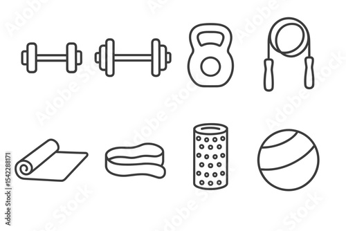 Fitness Gear Icons. Line style icons of fitness gear: dumbbell, barbell, kettlebell, jump rope. yoga mat, resistance band, foam