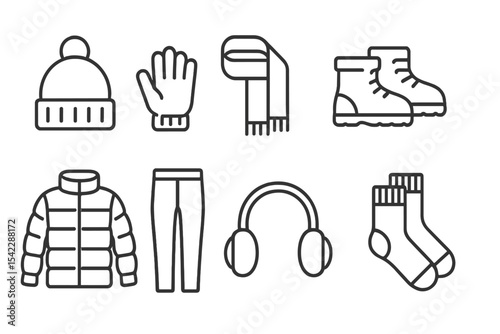 Winter Clothing Icons. Line style icons of winter clothing: beanie, gloves, scarf, winter boots. down jacket, thermal pants,