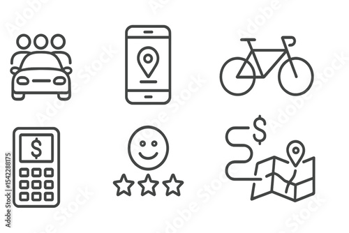 Ride Sharing Icons. Line style icons of ride sharing: shared car, ride-hailing app, pickup point, shared bike. digital fare,
