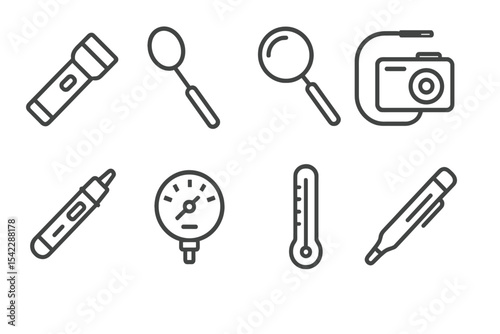 Inspection Tools Icons. Line style icons of inspection tools: flashlight, mirror on stick, magnifier, camera scope. voltage tester