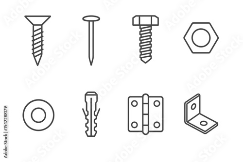 Hardware Icons. Line style icons of hardware items: screw, nail, bolt, nut. washer, anchor, hinge, bracket. No text, No labels,
