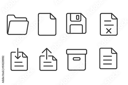 File Management Icons. Line style icons of file management: folder icon, open file, save file, delete file. download, upload,