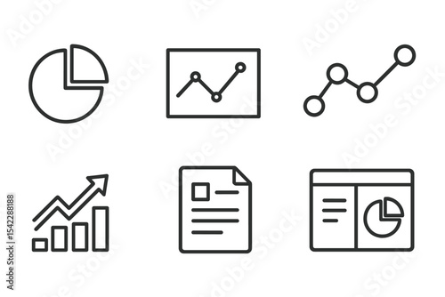 Line Style Graphs. Line style icons of analytics UI: pie chart, line graph, bar graph, data points. trend arrow, metrics icon,