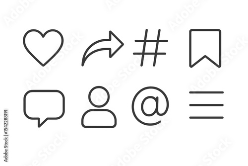 Social Media Icons. Line style icons of social media UI: like button, share arrow, hashtag symbol, bookmark icon. comment bubble,