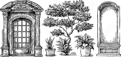 Renaissance doorway and japanese shoji with ornamental plants and tree design