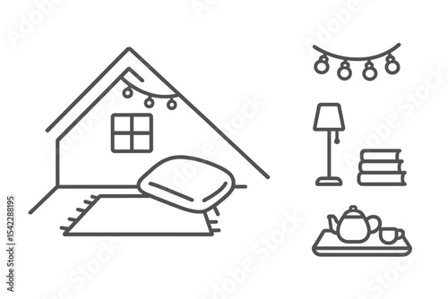 Cozy Attic Retreat. Line style icons of cozy attic: angled ceiling, small window, floor cushion, fairy lights. rug, floor lamp,