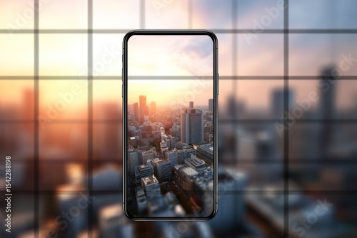 Modern Smartphone Displaying Urban Sunset Cityscape Through Windowed Office Setback By Blurred Background, Concept of Technology, Business Advertising, Real Estate Promotion