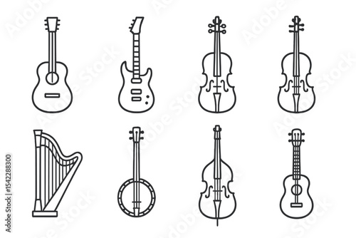 String Instrument Icons. Line style icons of string instruments: acoustic guitar, electric guitar, violin, cello. harp, banjo,