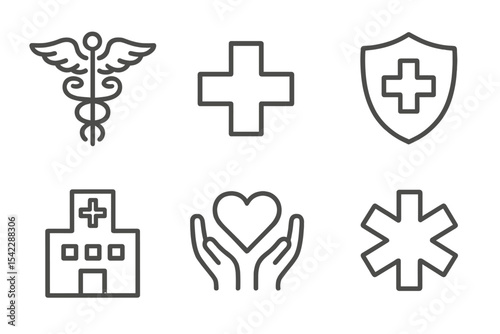 Healthcare Icons Collection. Line style icons of healthcare symbols: caduceus, red cross, medical plus sign, health shield.