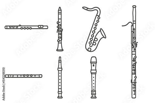 Wind Instruments Icons. Line style icons of wind instruments: flute, clarinet, saxophone, oboe. bassoon, piccolo, pan flute,