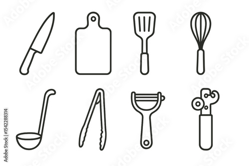 Kitchen Tool Icons. Line style icons of basic kitchen tools: knife, cutting board, spatula, whisk. ladle, tongs, peeler, can