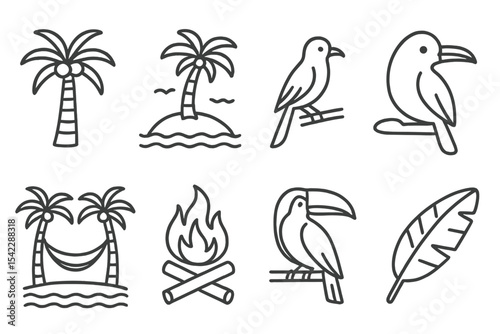 Tropical Line Icons. Line style icons of tropical landscape: coconut tree, island coast, exotic bird, lagoon. hammock, beach fire,