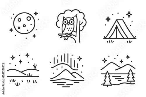 Night Landscape Icons. Line style icons of night landscape: full moon, stars above, owl on tree, quiet field. tent with light,