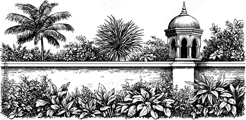 Renaissance garden wall and baroque rooftop design featuring lush botanical elements