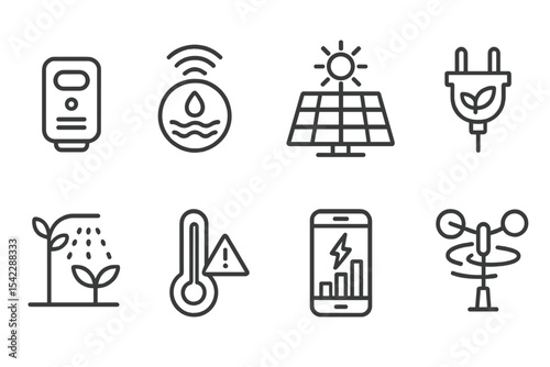 Environmental Gadget Icons. Line style icons of environmental gadgets: air quality monitor, water sensor, solar panel, eco plug.