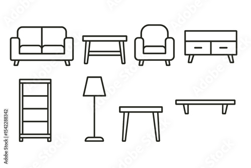 Living Room Line Icons. Line style icons of living room furniture: sofa, coffee table, armchair, TV stand. bookshelf, floor lamp,