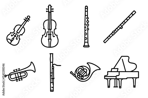 Line Style Instruments. Line style icons of ensemble instruments: violin, cello, clarinet, flute. trumpet, French horn, bassoon,