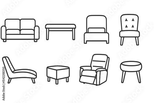 Upholstered Furniture Icons. Line style icons of upholstered furniture: cushioned sofa, padded bench, fabric headboard, tufted