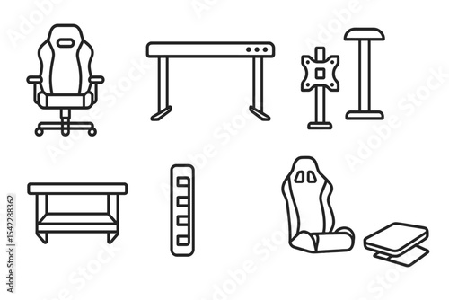 Gaming Furniture Icons. Line style icons of gaming furniture: gaming chair, RGB desk, monitor mount, headset stand. console shelf,
