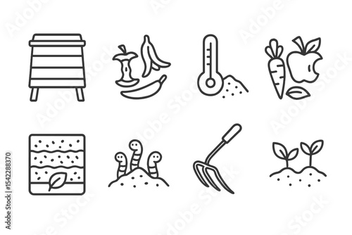 Composting Line Icons. Line style icons of composting: compost bin, food scraps, compost layers, turner tool. compost thermometer,
