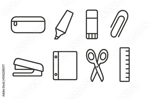 School Supplies Icons. Line style icons of school supplies: pencil case, highlighter, glue stick, paperclip. stapler, binder,