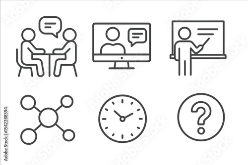 Private Tutoring Icons. Line style icons of private tutoring: one-on-one session, video tutor, whiteboard lesson, note taking.