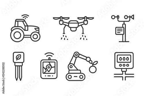 Smart Farming Icons. Line style icons of smart farming equipment: autonomous tractor, drone sprayer, robotic arm, weather station.
