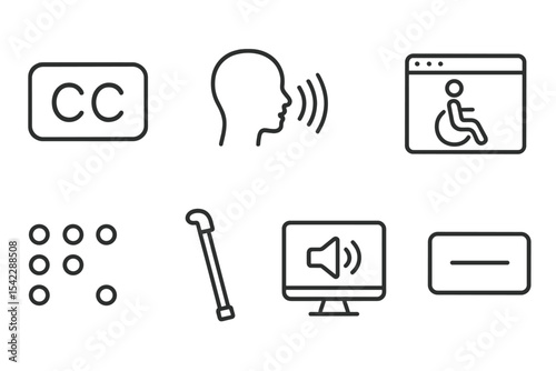 Accessibility Volunteering Icons. Line style icons of accessibility volunteering: closed captions, screen reader, sign language