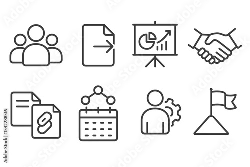 Nonprofit Collaboration Icons. Line style icons of nonprofit collaboration: group avatar, file sharing, collaborative chart,