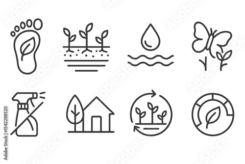 Eco Indicator Icons. Line style icons of eco indicators: carbon footprint, soil health, water use icon, biodiversity icon.