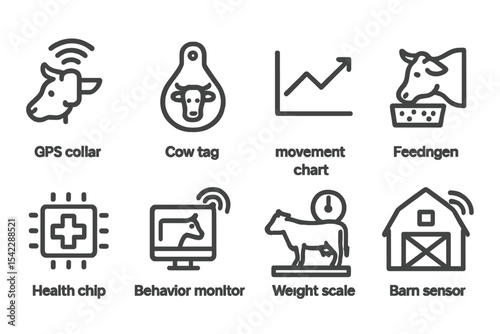 Livestock Tracking Icons. Line style icons of livestock tracking: GPS collar, cow tag, movement chart, feeding station. health