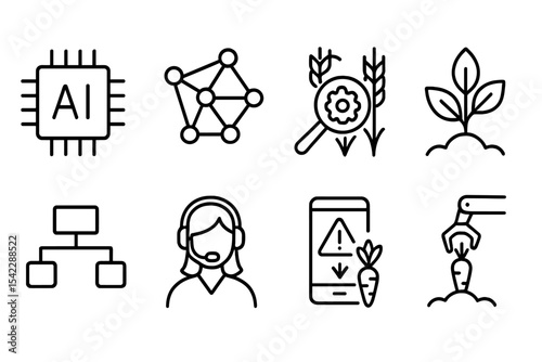 AI Agriculture Icons. Line style icons of AI in agriculture: AI chip, learning network, pattern detection, crop model. decision