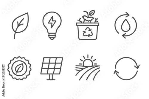 Sustainable Agriculture Icons. Line style icons of sustainable agriculture: eco leaf, green energy, compost bin, water recycle.