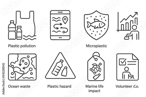 Ecological Disaster Icons. Line style icons of ecological disasters and response: plastic pollution icon, ocean debris tracker,